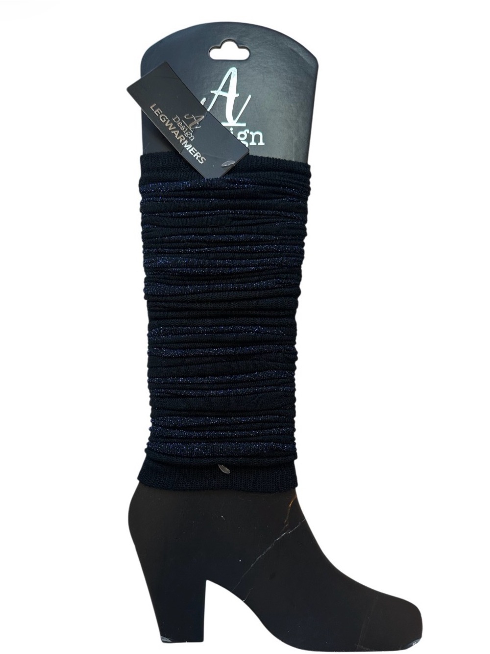 A Design black knitted leg warmers with a shimmering navy blue metallic one size